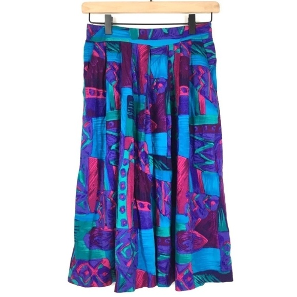 VINTAGE Midi Skirt Geo Mod Retro Boho Abstract Jewel Tone F Shay Boston Size 10 - Picture 1 of 8
